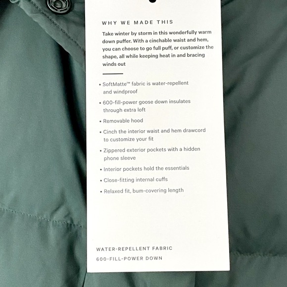 NWT Lululemon 8 Wunder Puff Jacket Green $348 MSRP Puffer Coat 600 Goose Down L - Picture 6 of 10